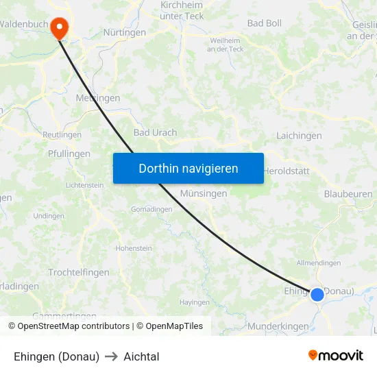 Ehingen (Donau) to Aichtal map