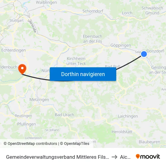 Gemeindeverwaltungsverband Mittleres Fils-Lautertal to Aichtal map