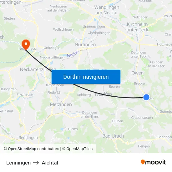 Lenningen to Aichtal map