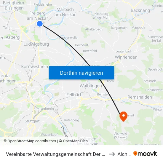 Vereinbarte Verwaltungsgemeinschaft Der Stadt Freiberg am Neckar to Aichwald map