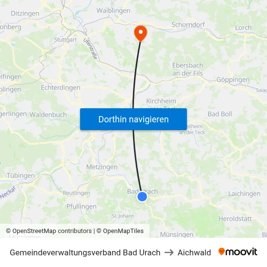 Gemeindeverwaltungsverband Bad Urach to Aichwald map