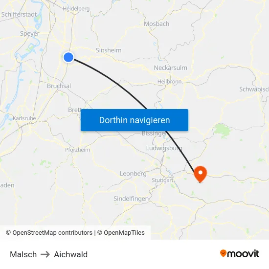 Malsch to Aichwald map