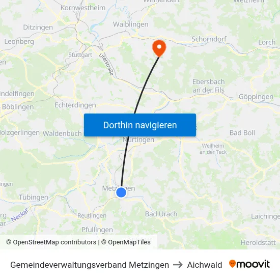 Gemeindeverwaltungsverband Metzingen to Aichwald map