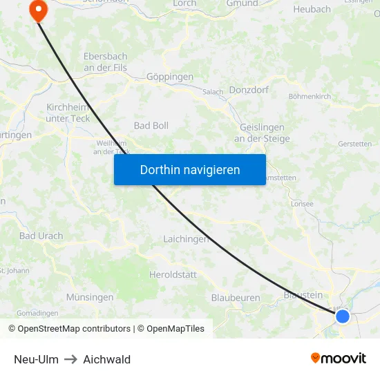 Neu-Ulm to Aichwald map