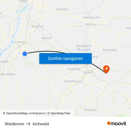 Waldbronn to Aichwald map