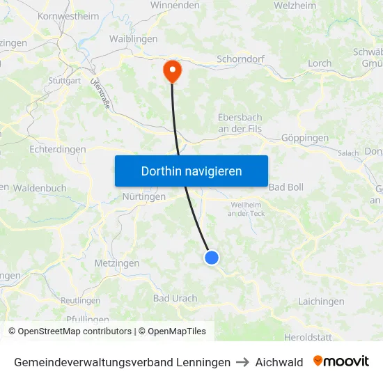 Gemeindeverwaltungsverband Lenningen to Aichwald map