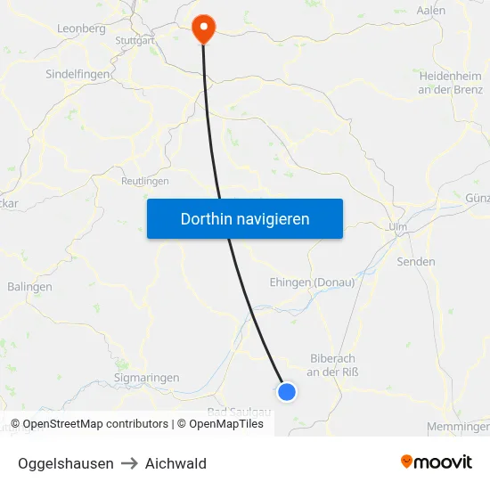Oggelshausen to Aichwald map