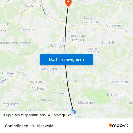 Gomadingen to Aichwald map