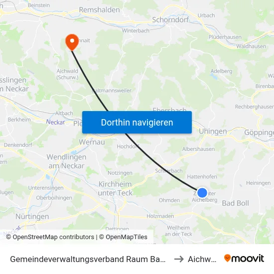 Gemeindeverwaltungsverband Raum Bad Boll to Aichwald map