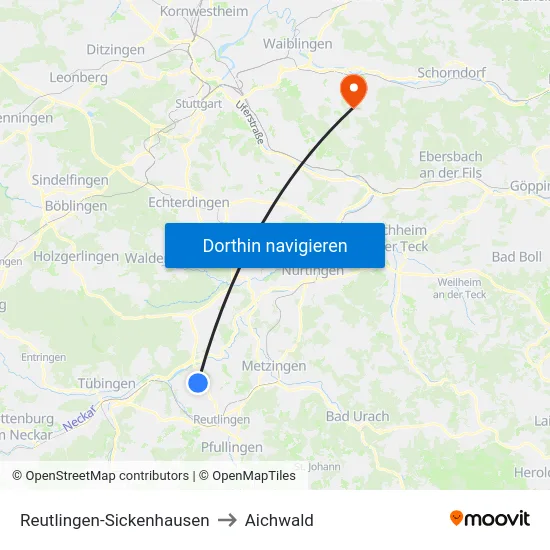 Reutlingen-Sickenhausen to Aichwald map