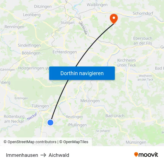 Immenhausen to Aichwald map