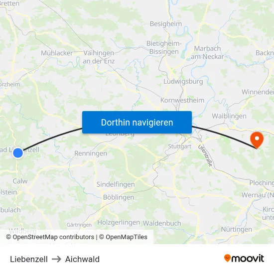 Liebenzell to Aichwald map