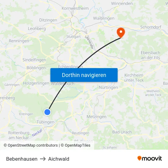Bebenhausen to Aichwald map