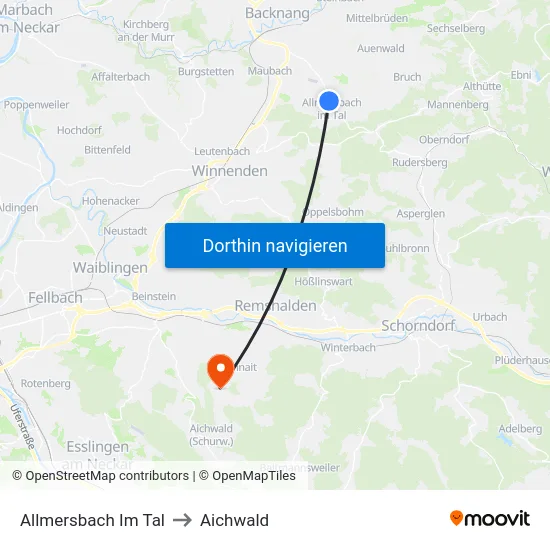 Allmersbach Im Tal to Aichwald map