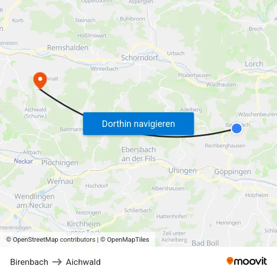 Birenbach to Aichwald map