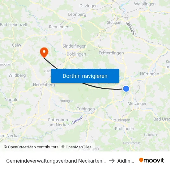 Gemeindeverwaltungsverband Neckartenzlingen to Aidlingen map