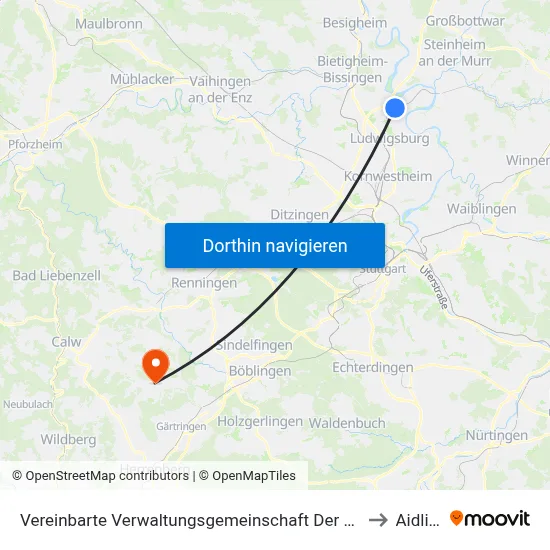Vereinbarte Verwaltungsgemeinschaft Der Stadt Freiberg am Neckar to Aidlingen map