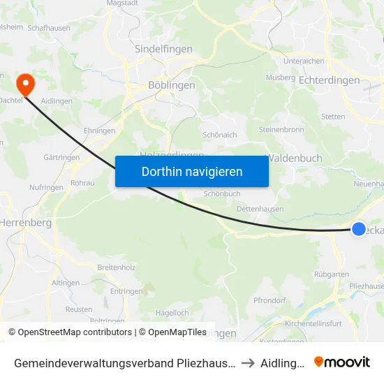 Gemeindeverwaltungsverband Pliezhausen to Aidlingen map