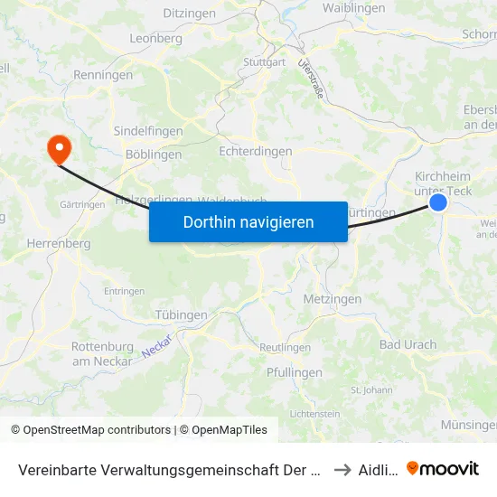 Vereinbarte Verwaltungsgemeinschaft Der Stadt Kirchheim Unter Teck to Aidlingen map