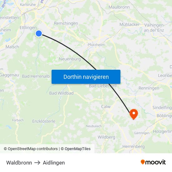 Waldbronn to Aidlingen map