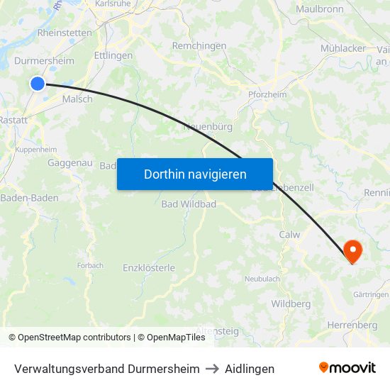 Verwaltungsverband Durmersheim to Aidlingen map
