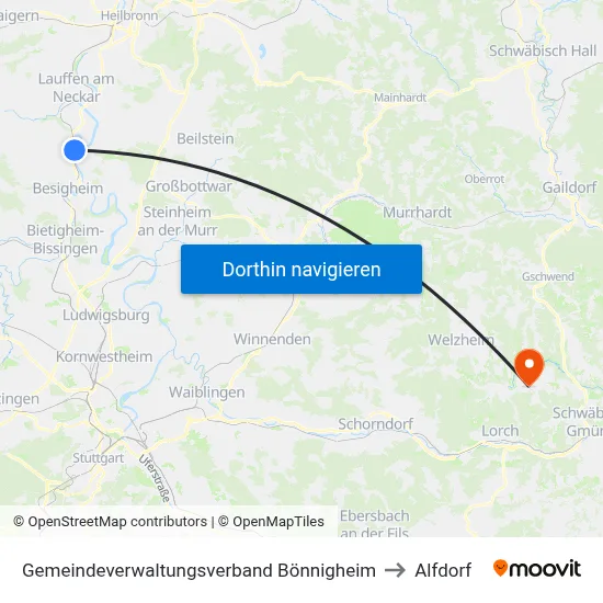 Gemeindeverwaltungsverband Bönnigheim to Alfdorf map
