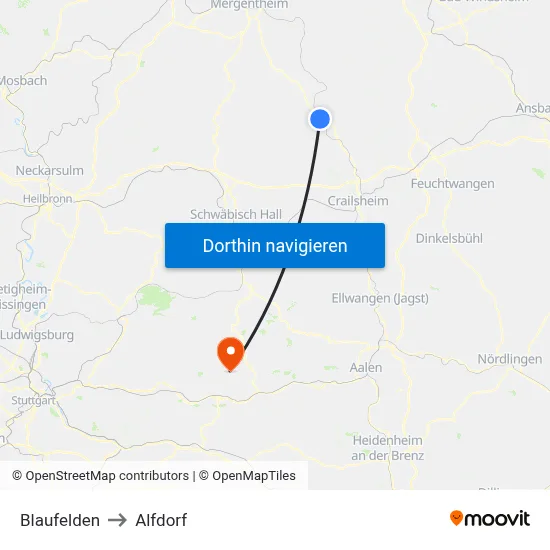 Blaufelden to Alfdorf map