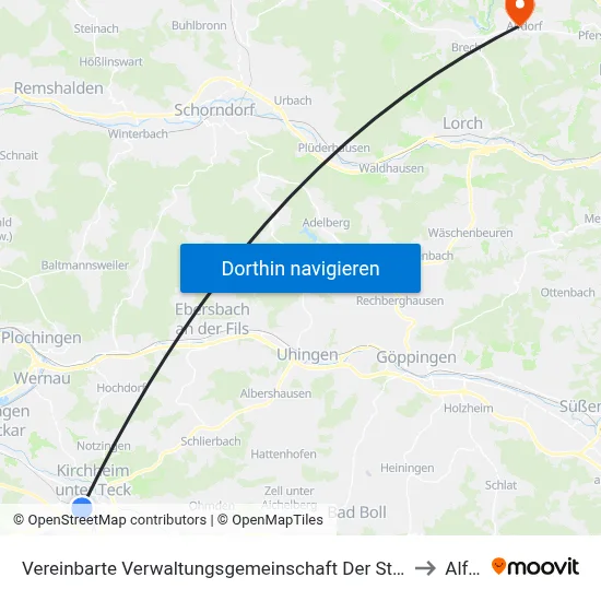 Vereinbarte Verwaltungsgemeinschaft Der Stadt Kirchheim Unter Teck to Alfdorf map