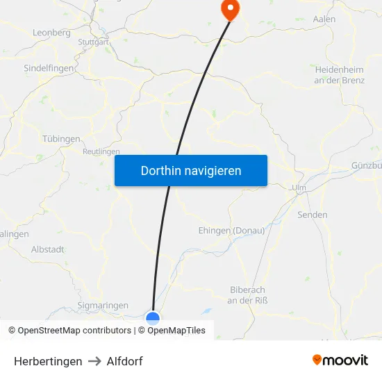 Herbertingen to Alfdorf map