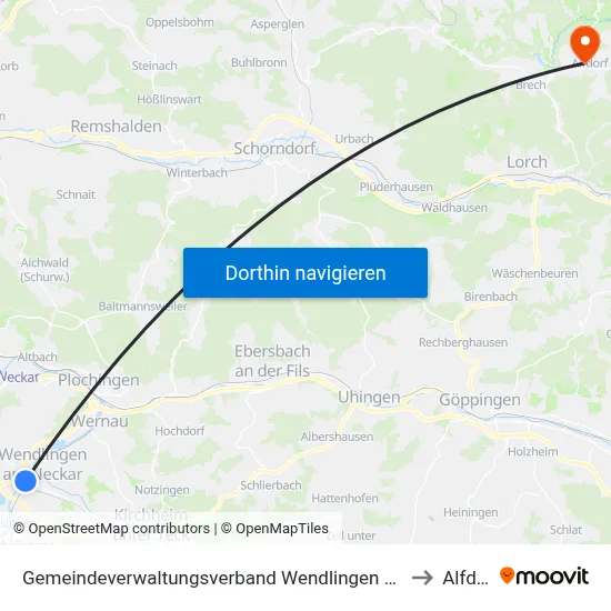 Gemeindeverwaltungsverband Wendlingen am Neckar to Alfdorf map
