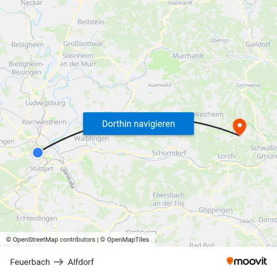 Feuerbach to Alfdorf map