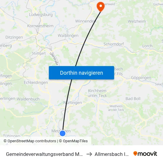 Gemeindeverwaltungsverband Metzingen to Allmersbach Im Tal map