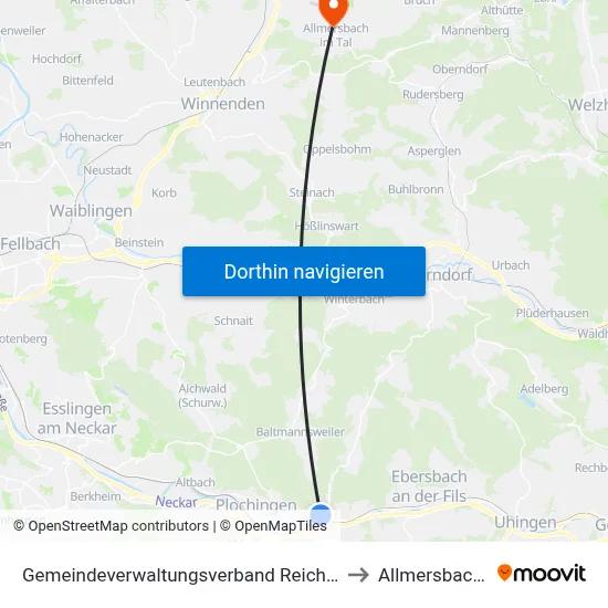 Gemeindeverwaltungsverband Reichenbach An Der Fils to Allmersbach Im Tal map