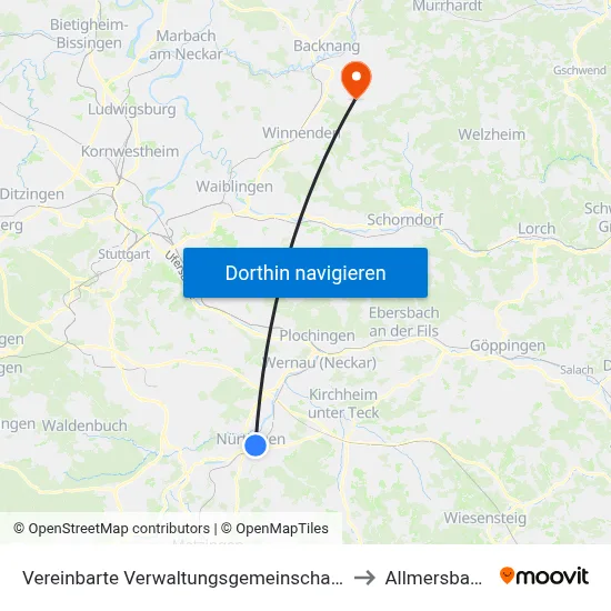 Vereinbarte Verwaltungsgemeinschaft Der Stadt Nürtingen to Allmersbach Im Tal map