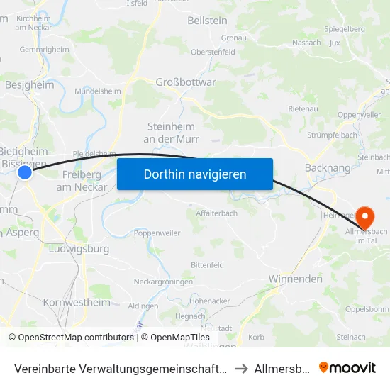 Vereinbarte Verwaltungsgemeinschaft Der Stadt Bietigheim-Bissingen to Allmersbach Im Tal map