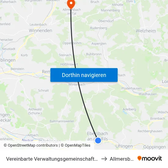 Vereinbarte Verwaltungsgemeinschaft Der Stadt Ebersbach An Der Fils to Allmersbach Im Tal map