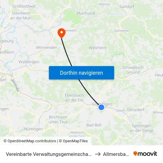 Vereinbarte Verwaltungsgemeinschaft Der Stadt Göppingen to Allmersbach Im Tal map