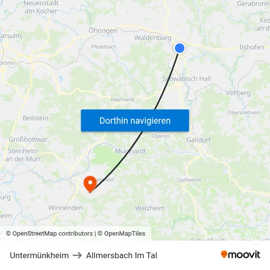 Untermünkheim to Allmersbach Im Tal map