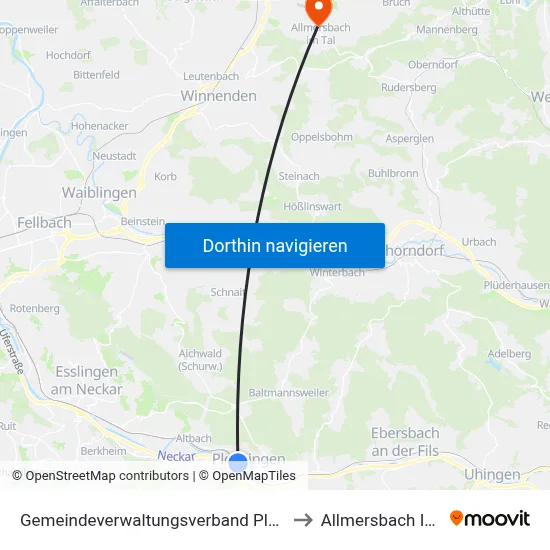 Gemeindeverwaltungsverband Plochingen to Allmersbach Im Tal map