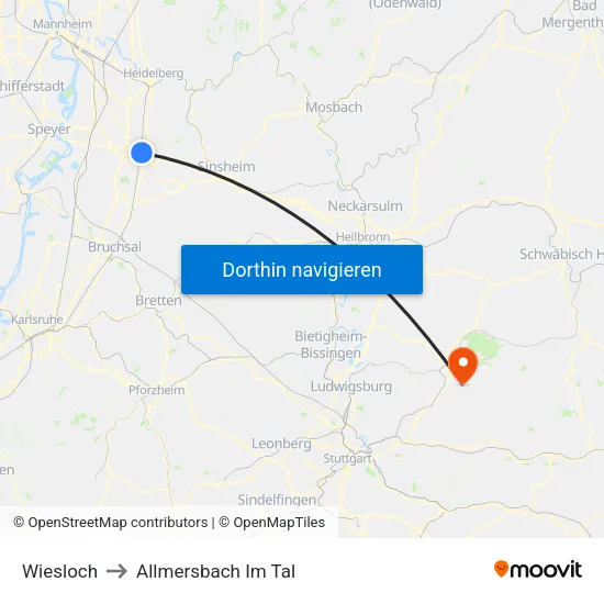 Wiesloch to Allmersbach Im Tal map