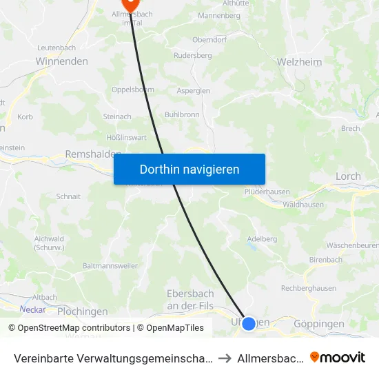 Vereinbarte Verwaltungsgemeinschaft Der Stadt Uhingen to Allmersbach Im Tal map