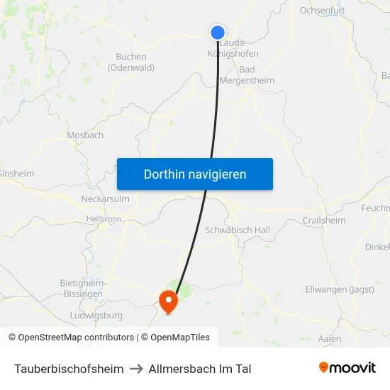 Tauberbischofsheim to Allmersbach Im Tal map