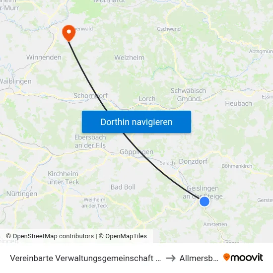 Vereinbarte Verwaltungsgemeinschaft Der Stadt Geislingen An Der Steige to Allmersbach Im Tal map