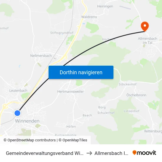 Gemeindeverwaltungsverband Winnenden to Allmersbach Im Tal map