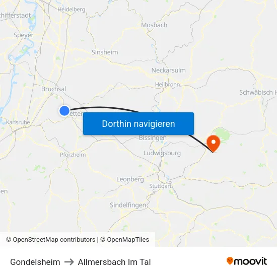 Gondelsheim to Allmersbach Im Tal map