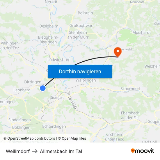 Weilimdorf to Allmersbach Im Tal map