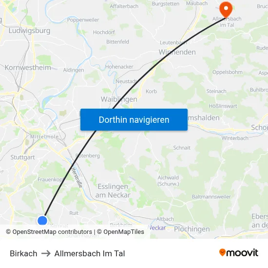 Birkach to Allmersbach Im Tal map