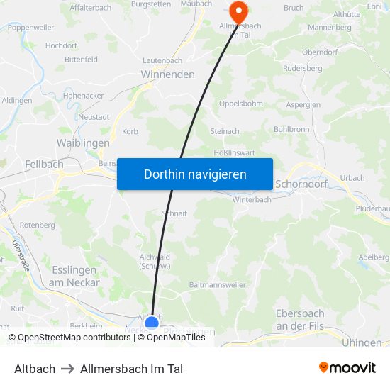 Altbach to Allmersbach Im Tal map