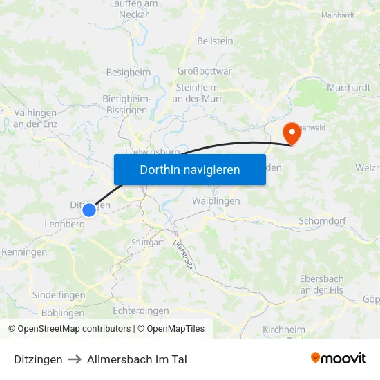 Ditzingen to Allmersbach Im Tal map