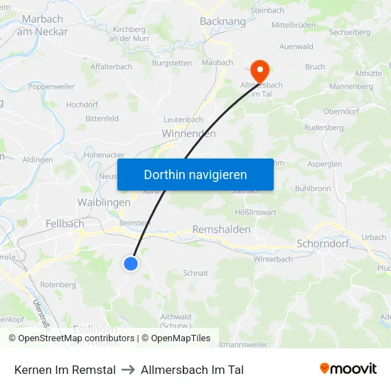 Kernen Im Remstal to Allmersbach Im Tal map